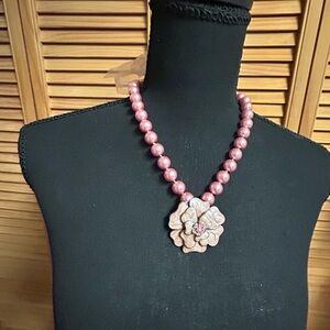 Pink Beaded Necklace with Floral Pendant